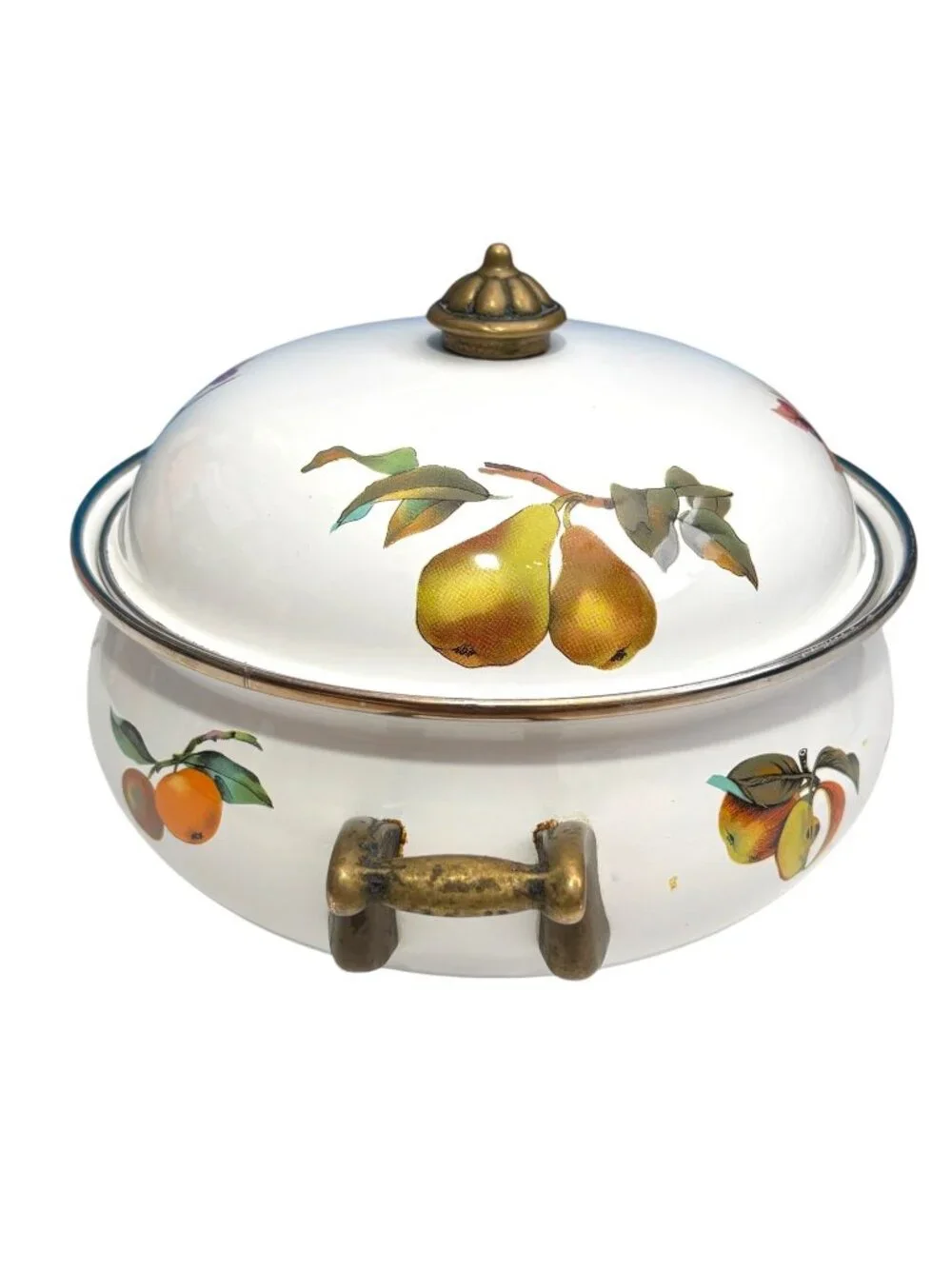 Vintage Enamel Fruit Motif Casserole Dish With Lid & Brass Handles